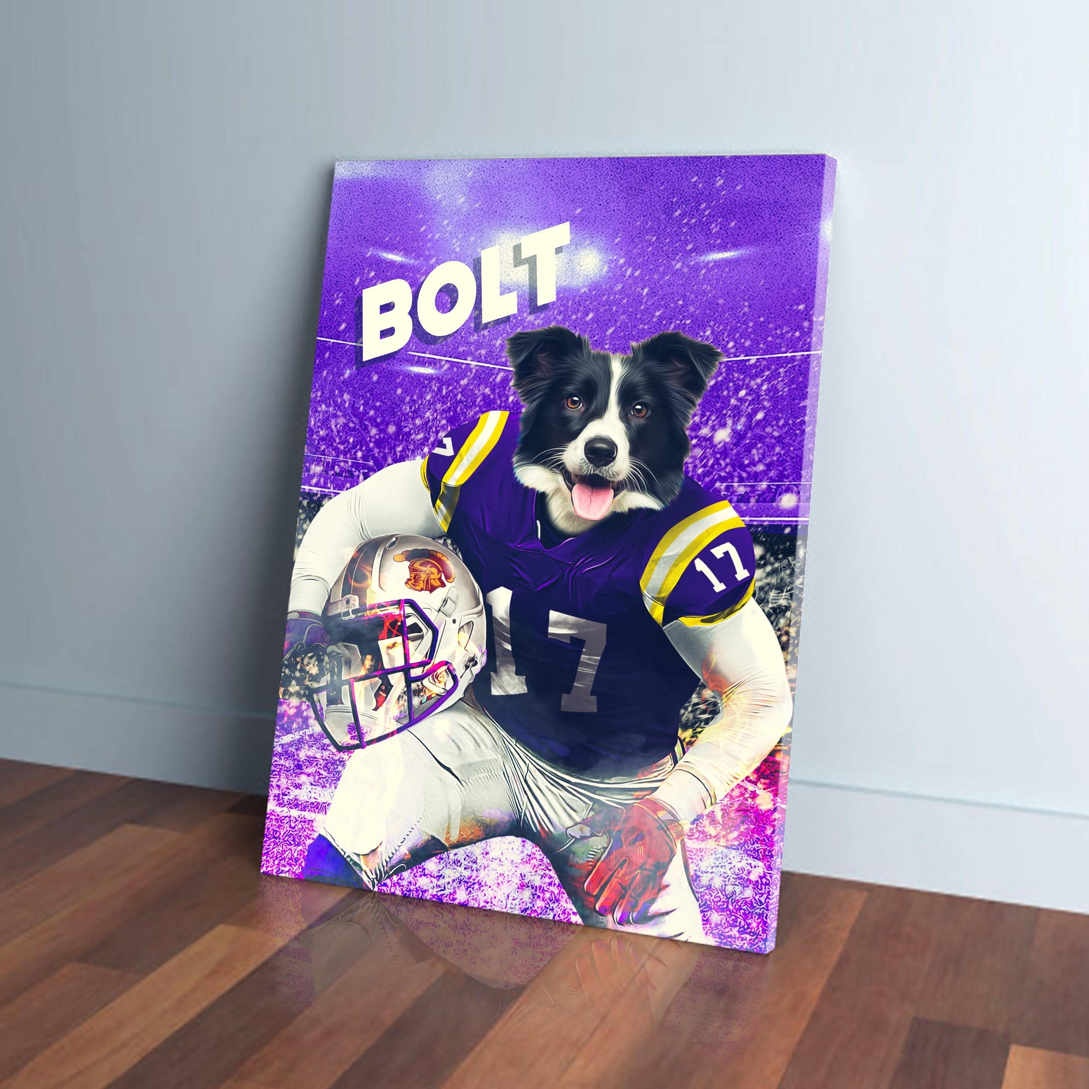 Personalized pet canvas featuring a Border Collie in a purple football uniform, holding a helmet, against a stadium backdrop.