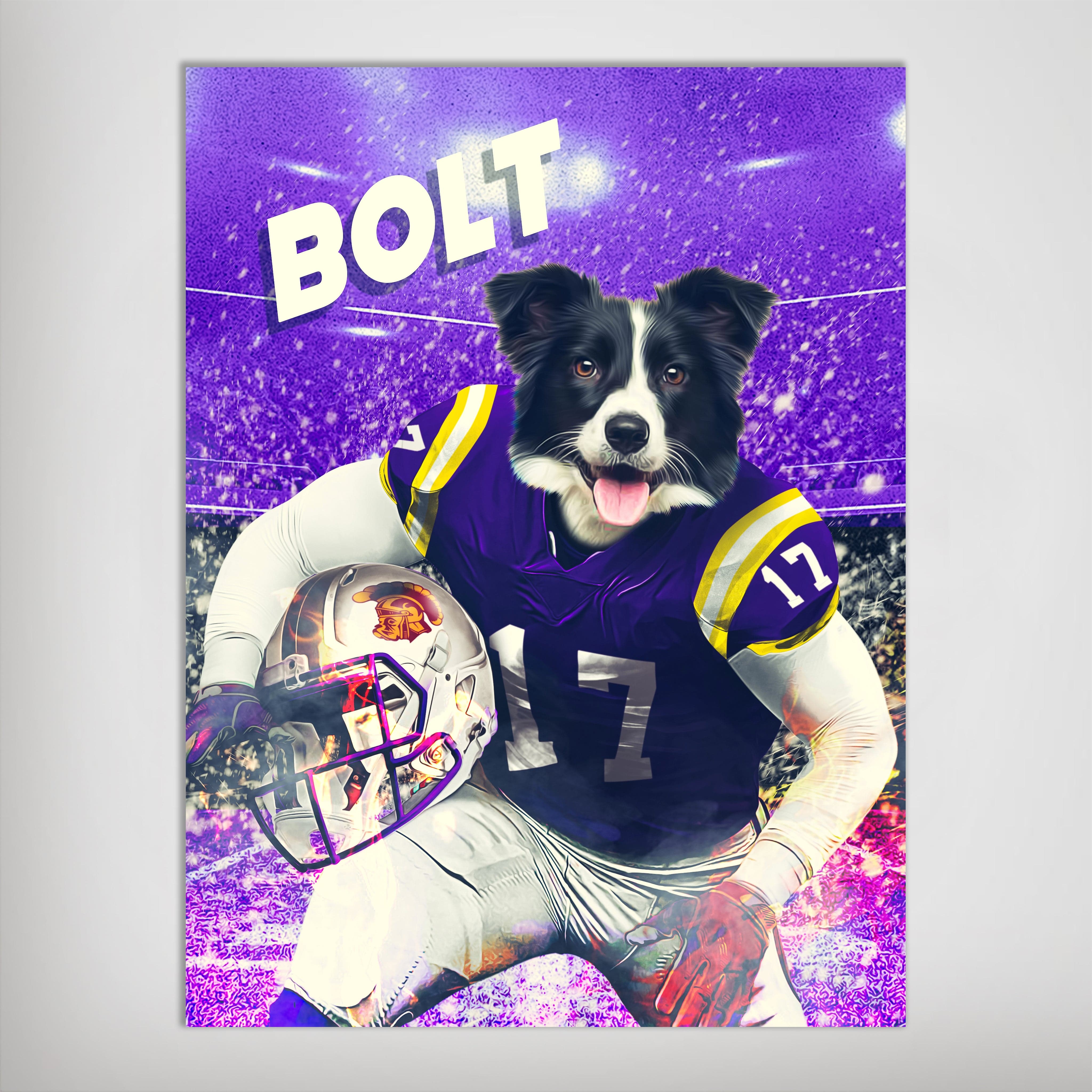 Personalized "Louisiana State Doggos" poster featuring a Border Collie in a purple football uniform with "BOLT" and number 17.