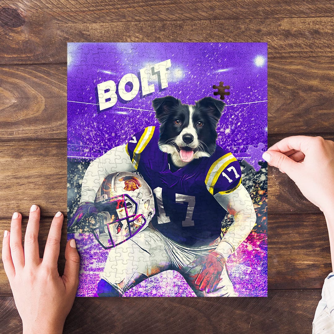 Personalized pet puzzle featuring a Border Collie in a purple football uniform, holding a helmet.