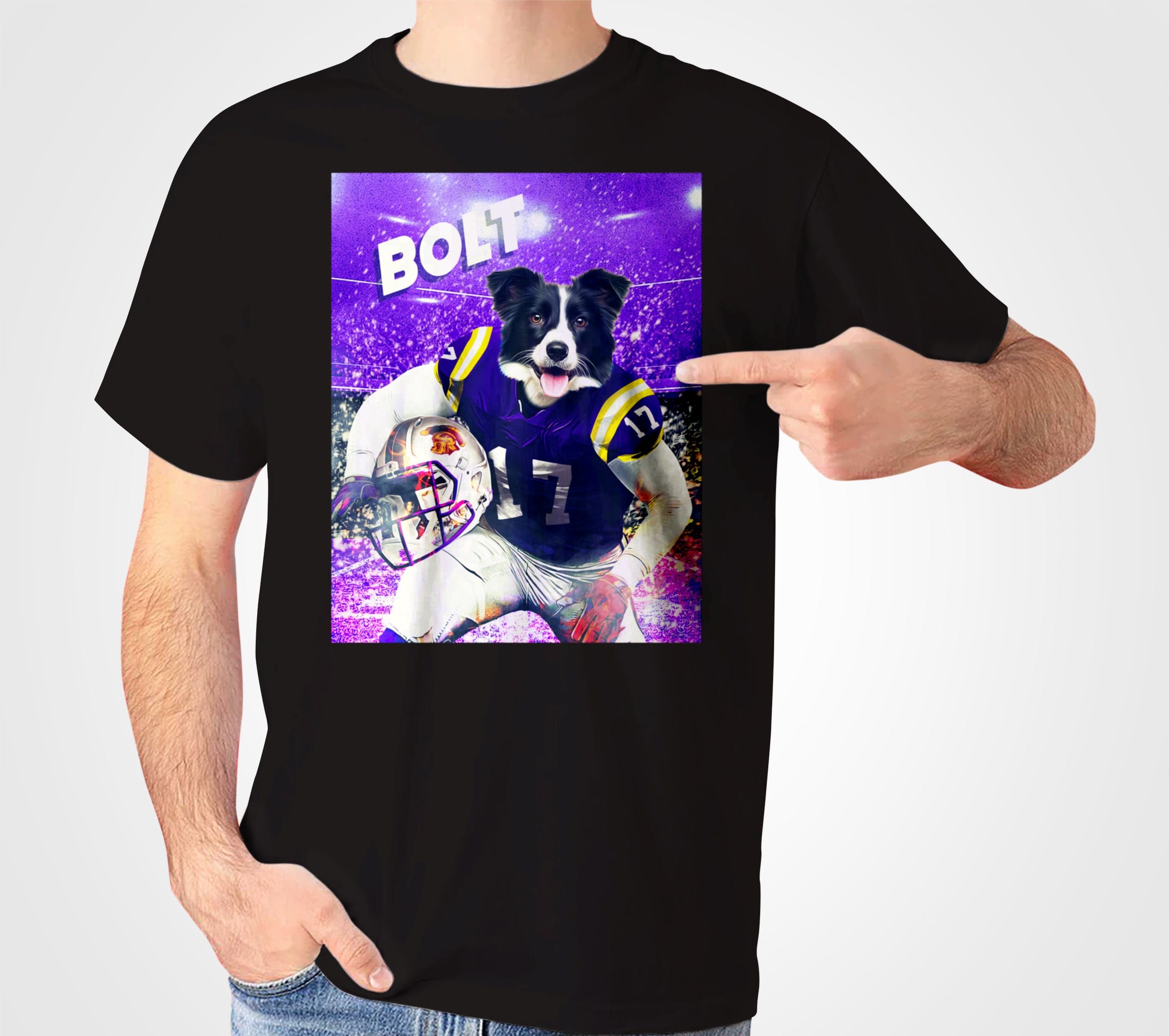 Black Gildan t-shirt with a personalized design of a Border Collie in a purple football uniform.