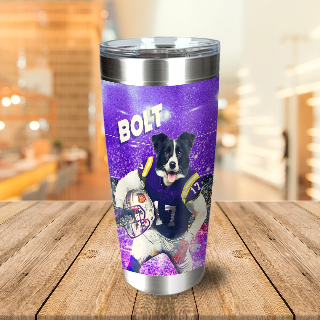 Personalized stainless steel tumbler with a dog in a purple football uniform and "BOLT" text.