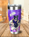 Personalized stainless steel tumbler with a dog in a purple football uniform and "BOLT" text.