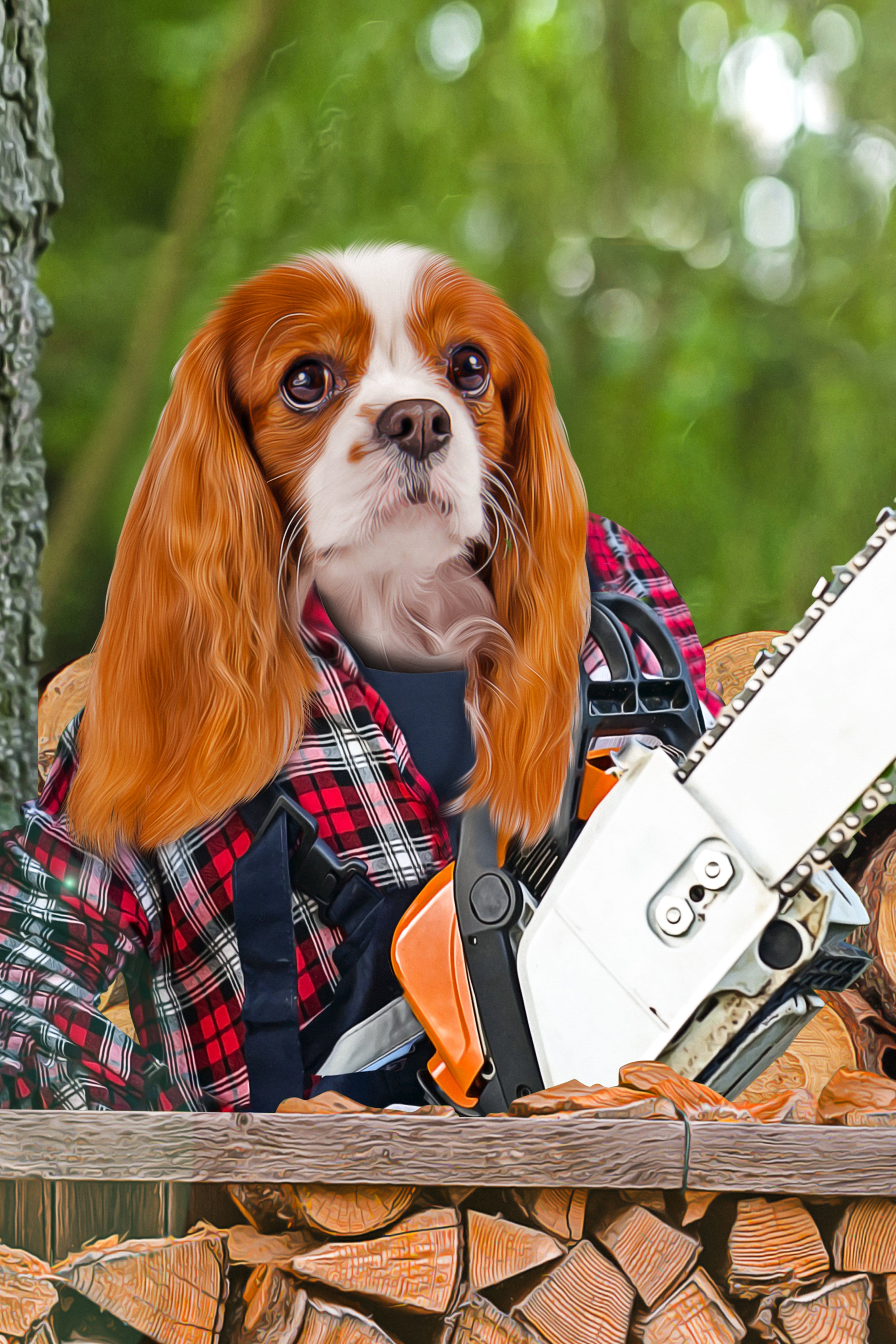 Personalized digital portrait of a Cavalier King Charles Spaniel dog dressed as a lumberwoman with a chainsaw.