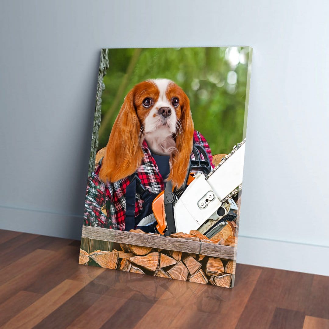 Personalized pet canvas featuring a Cavalier King Charles Spaniel as a lumberwoman with a chainsaw and firewood.
