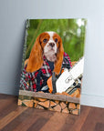 Personalized pet canvas featuring a Cavalier King Charles Spaniel as a lumberwoman with a chainsaw and firewood.