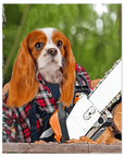Personalized Cavalier King Charles Spaniel "Lumberwoman" pet poster in a red plaid shirt holding a chainsaw.