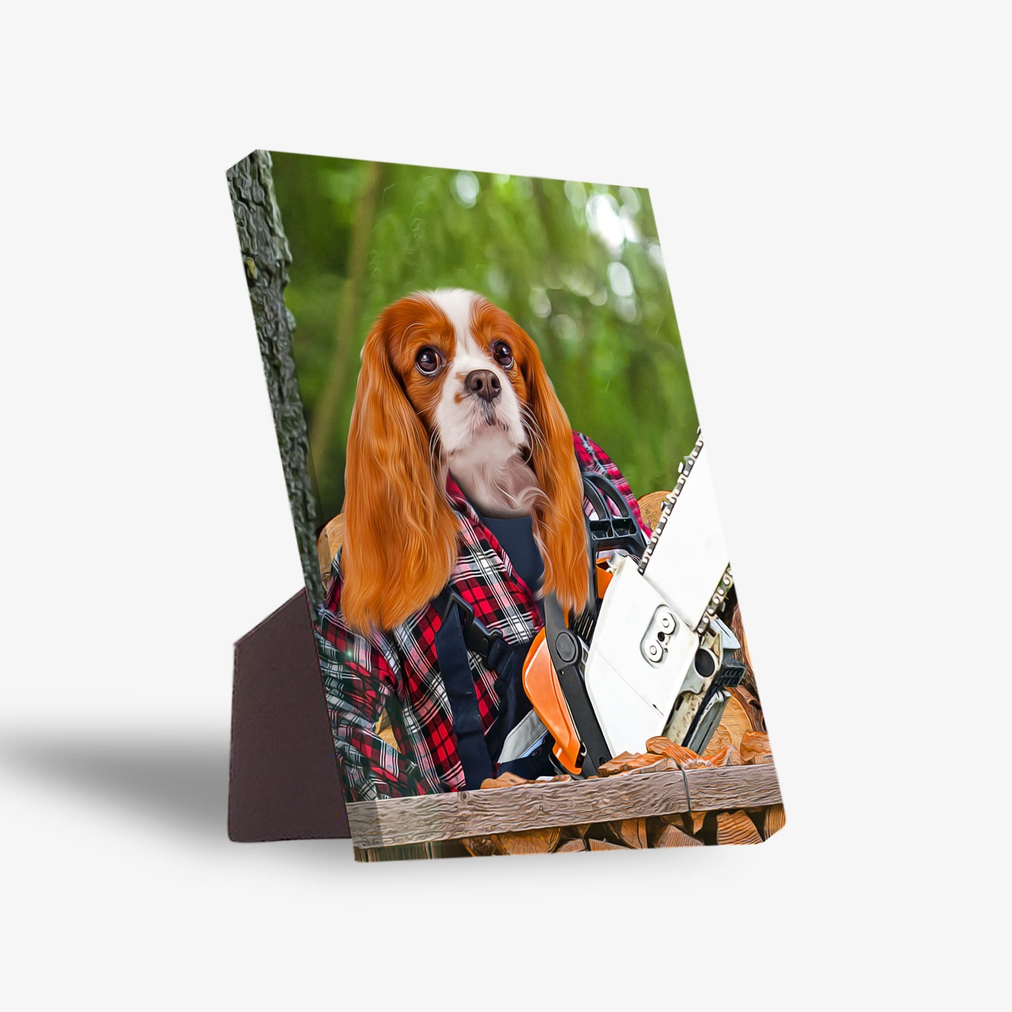 Personalized pet standing canvas featuring a Cavalier King Charles Spaniel in a red plaid "Lumberwoman" outfit with a chainsaw.