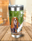 Personalized stainless steel tumbler with a Cavalier King Charles Spaniel as a lumberwoman holding a chainsaw.