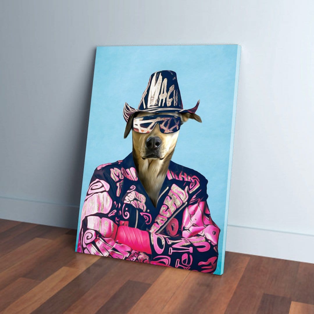 Personalized 'Macho Man Randy Dogger' canvas featuring a dog in a pink and black patterned suit, hat, and sunglasses.
