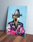 Personalized 'Macho Man Randy Dogger' canvas featuring a dog in a pink and black patterned suit, hat, and sunglasses.