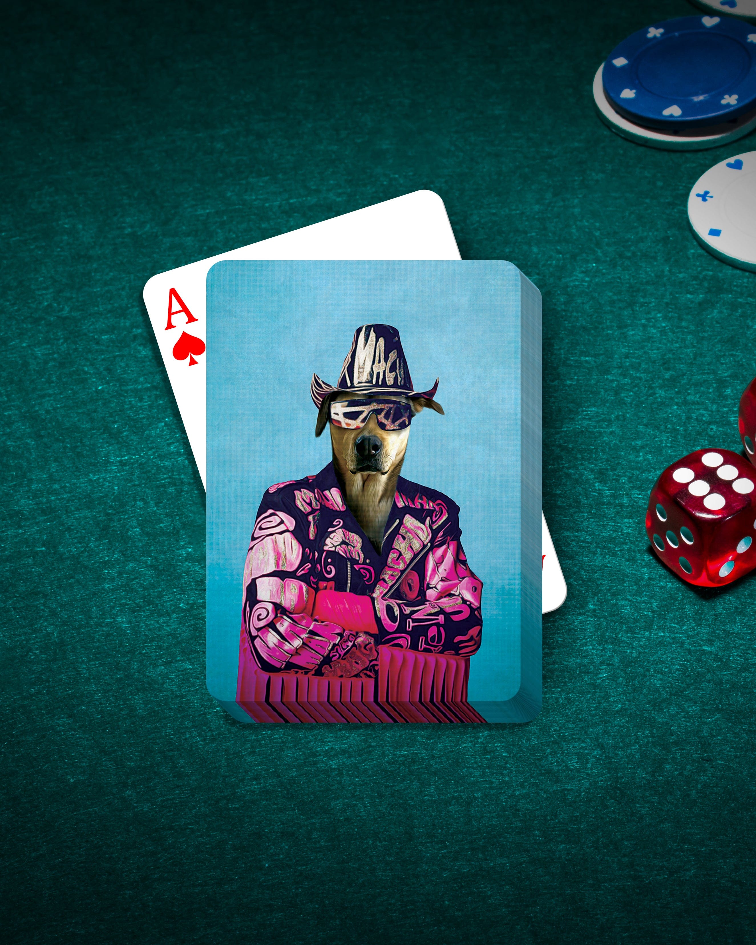Personalized pet playing cards featuring a dog in a "Macho Man Randy Dogger" costume on a green felt table.