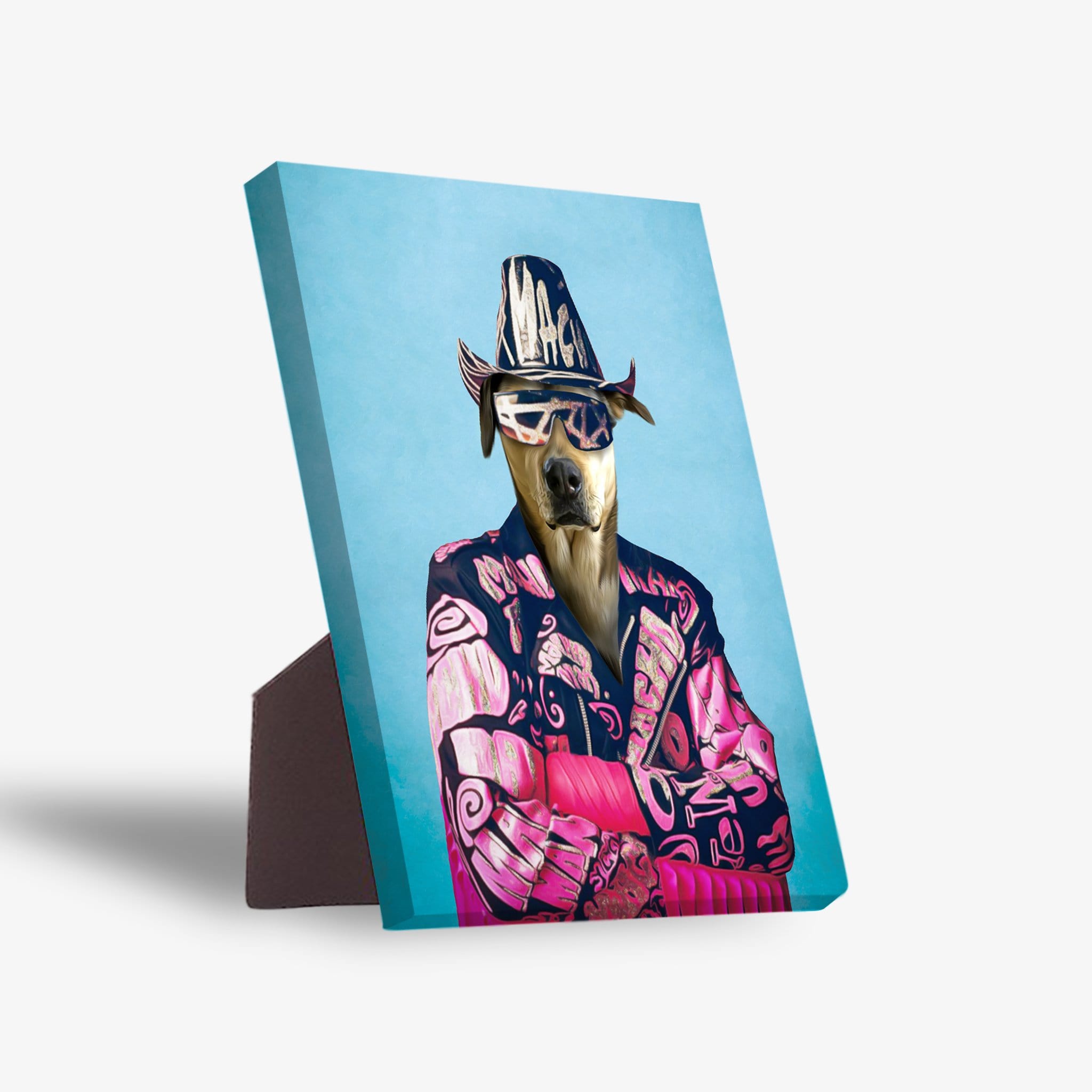Personalized pet standing canvas featuring a dog dressed as "Macho Man Randy Dogger" in a pink and black outfit.