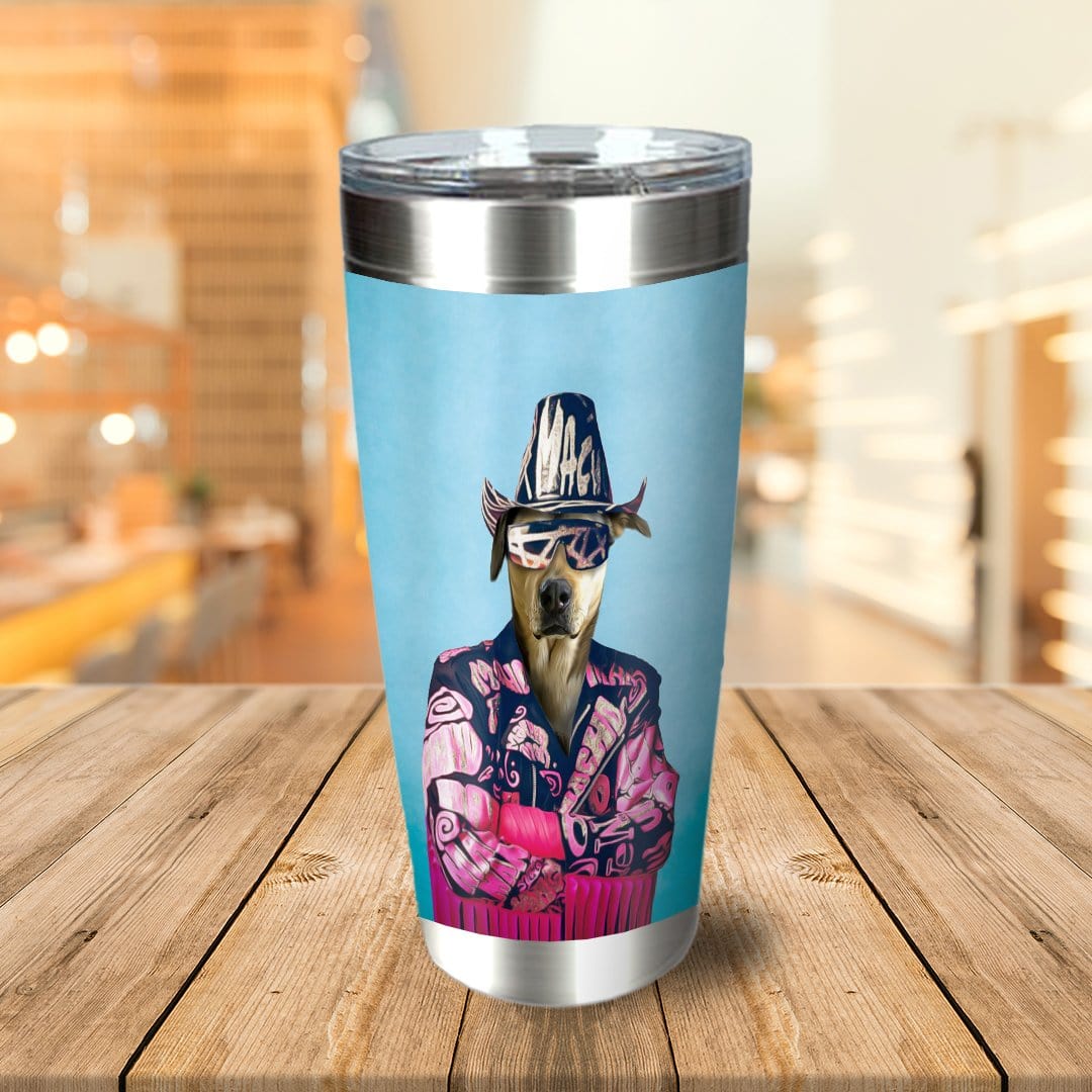 Personalized stainless steel tumbler with a custom dog portrait in a pink Macho Man Randy Savage style.