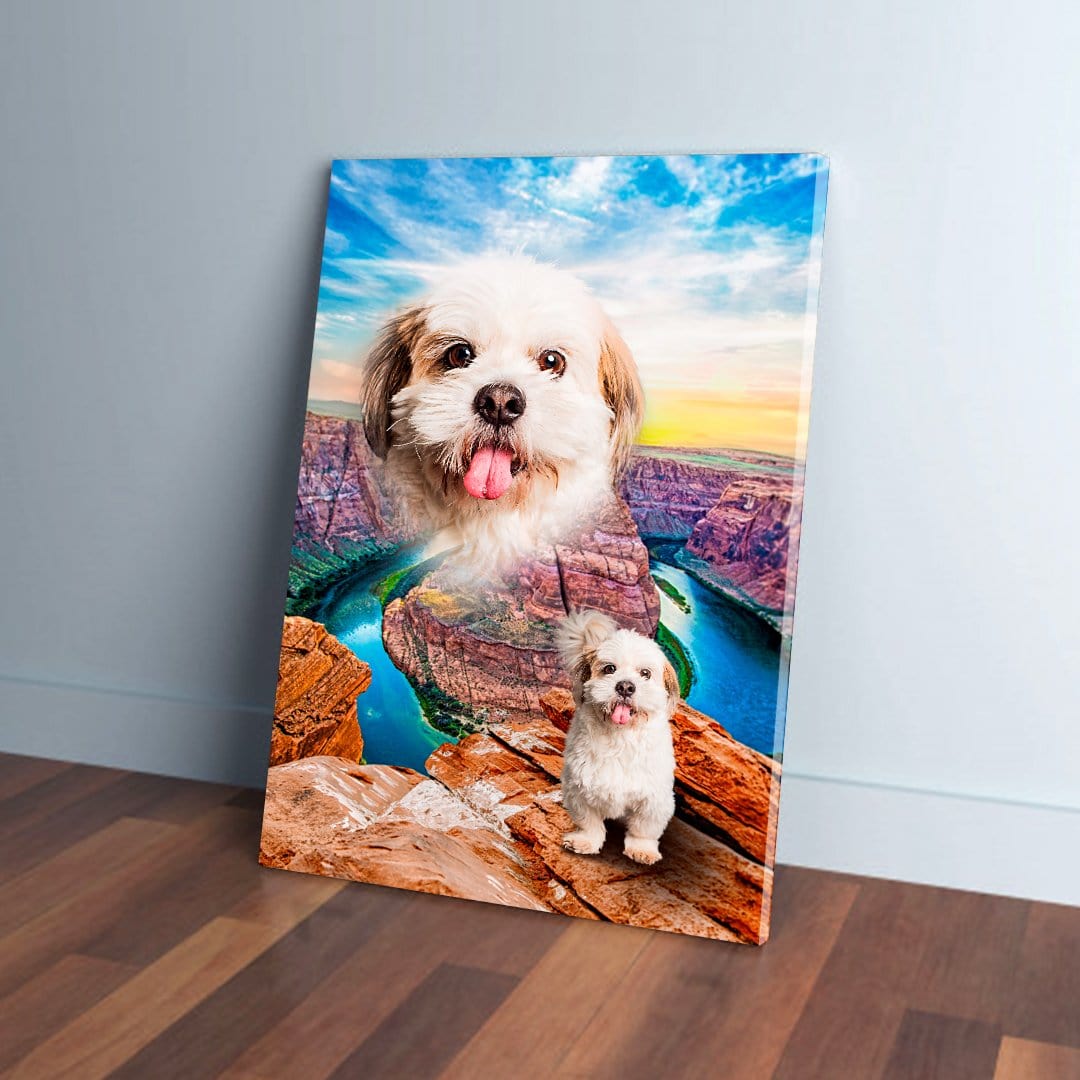 Personalized pet canvas with a white dog's head levitating over a rocky canyon, featuring a smaller dog on a cliff.