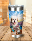 Personalized stainless steel tumbler with a custom dog portrait over a canyon landscape.