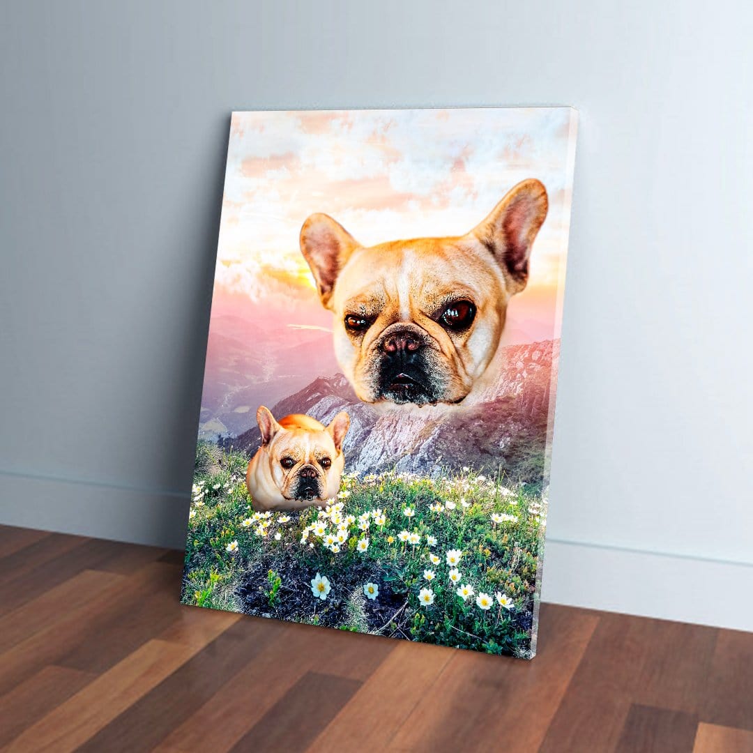Personalized canvas with two French bulldog heads floating over a floral mountain valley at sunset.
