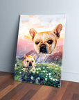 Personalized canvas with two French bulldog heads floating over a floral mountain valley at sunset.