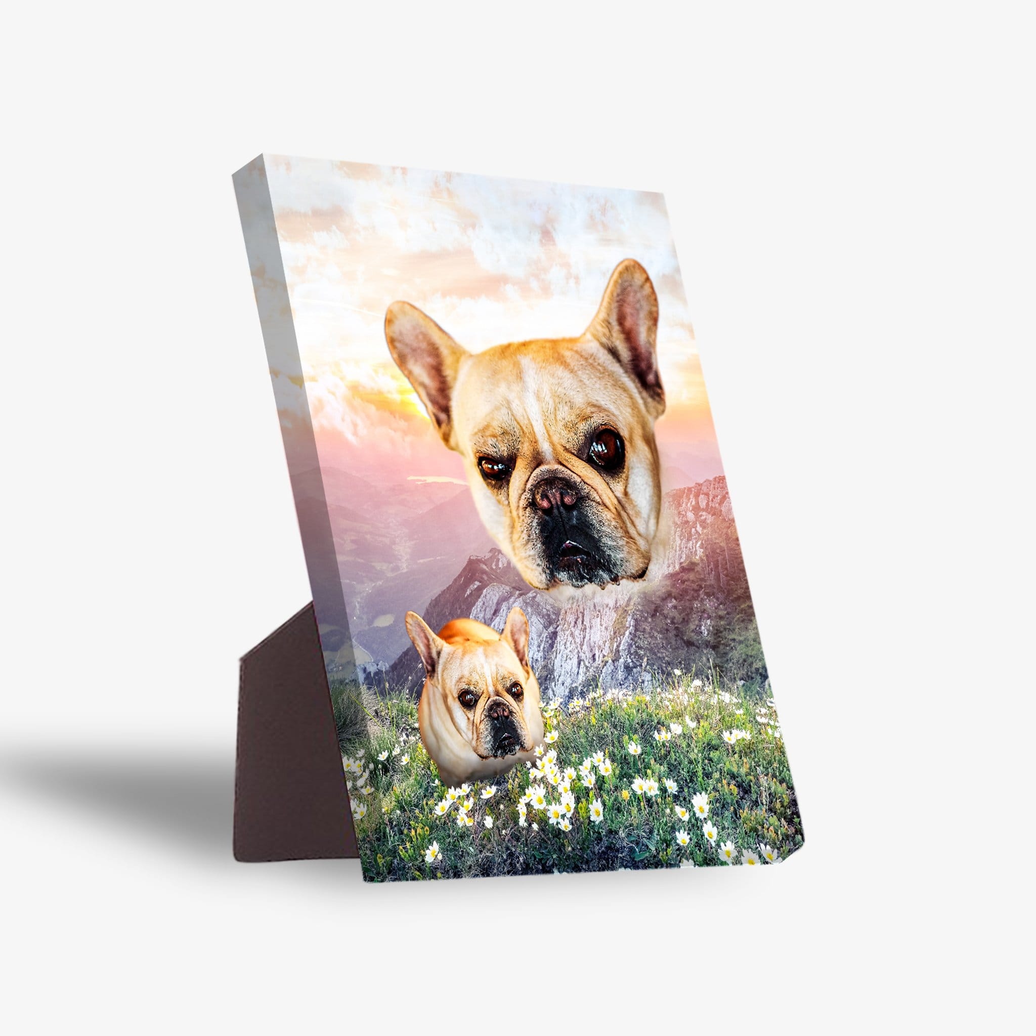 Personalized pet standing canvas featuring two French Bulldogs in a majestic mountain valley at sunset.