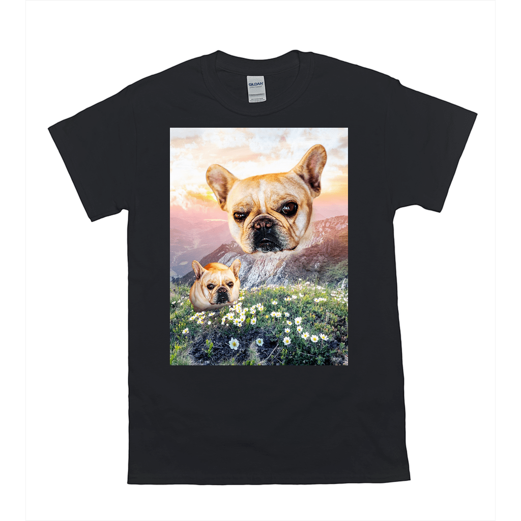Black Gildan t-shirt with a personalized graphic of two French Bulldogs in a mountain valley with flowers.
