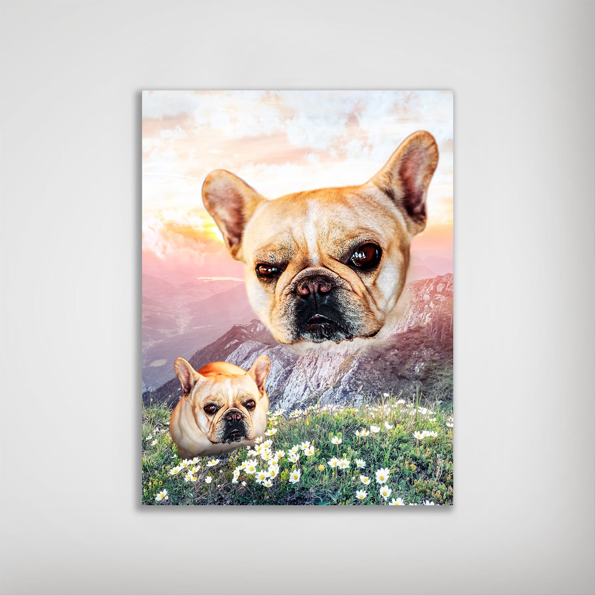 Personalized poster with two French Bulldog heads levitating over a floral mountain valley at sunset.