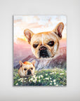 Personalized poster with two French Bulldog heads levitating over a floral mountain valley at sunset.