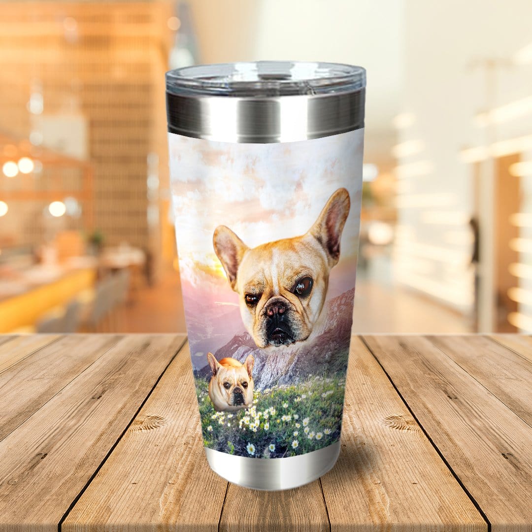 Personalized stainless steel tumbler with a custom portrait of two French Bulldogs in a mountain valley.
