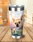 Personalized stainless steel tumbler with a custom portrait of two French Bulldogs in a mountain valley.