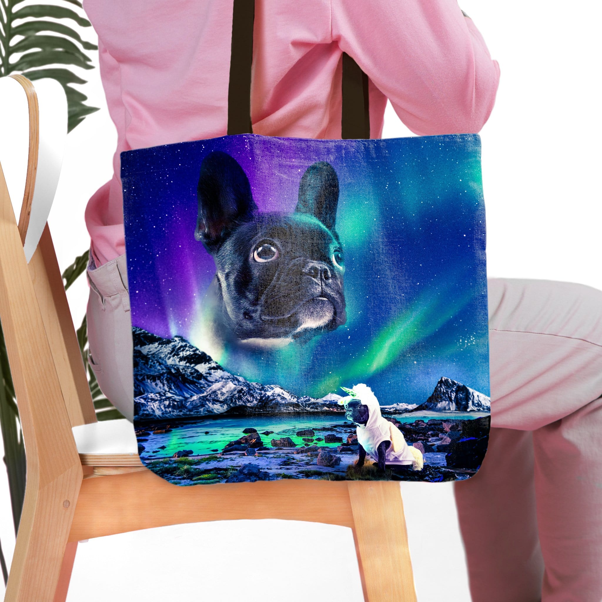 Personalized 2-pet tote bag with a French Bulldog portrait and Northern Lights design.
