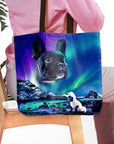 Personalized 2-pet tote bag with a French Bulldog portrait and Northern Lights design.