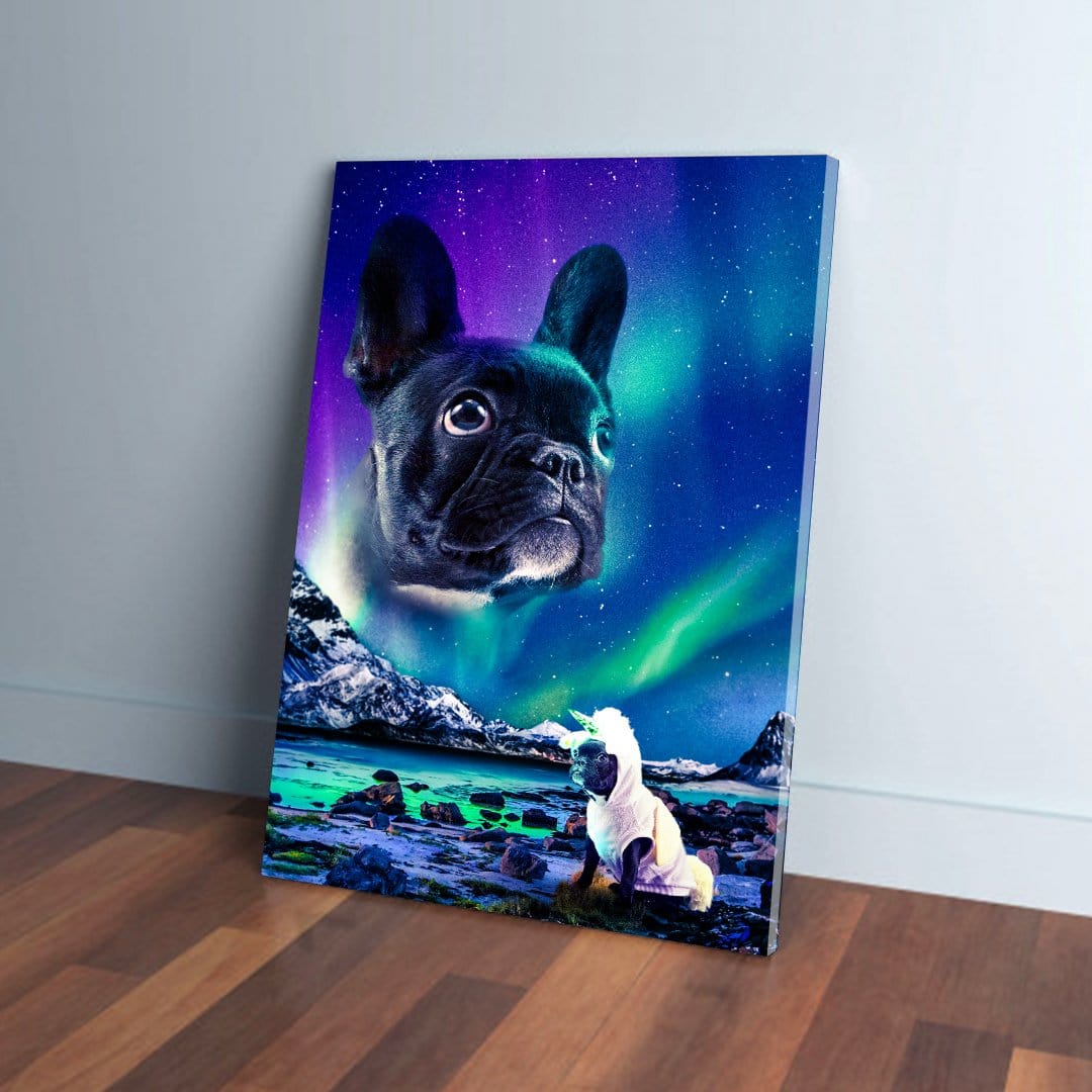 Personalized canvas with a black French bulldog's head floating over a vibrant Northern Lights landscape.