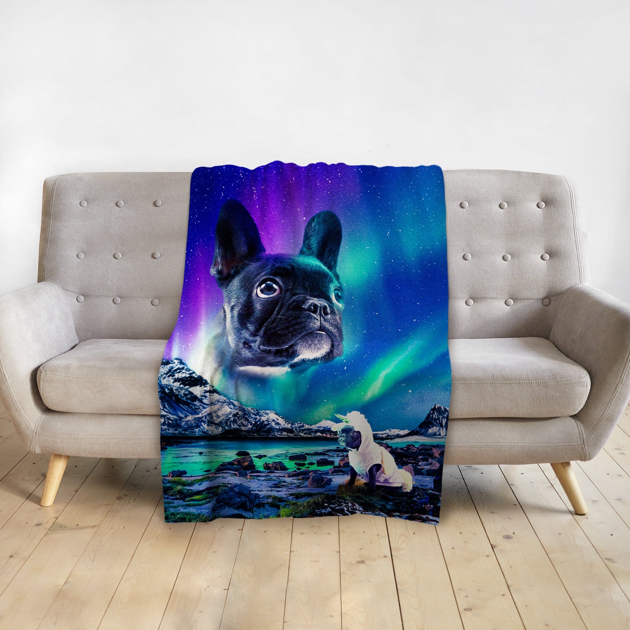 Personalized minky blanket with a custom French Bulldog pet portrait against a vibrant Northern Lights landscape.