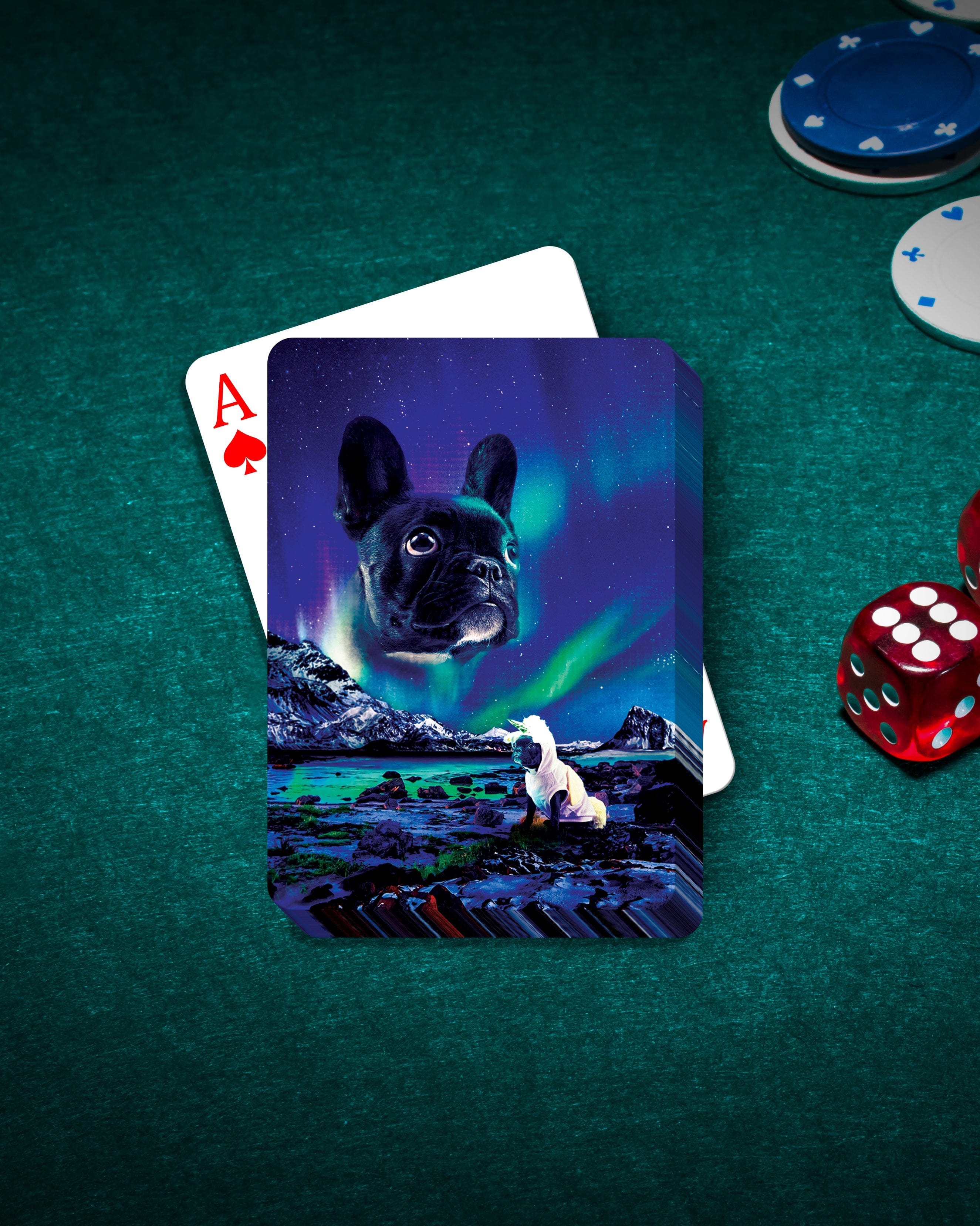 Custom pet portrait playing cards with a French Bulldog against a Northern Lights backdrop.