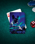 Custom pet portrait playing cards with a French Bulldog against a Northern Lights backdrop.
