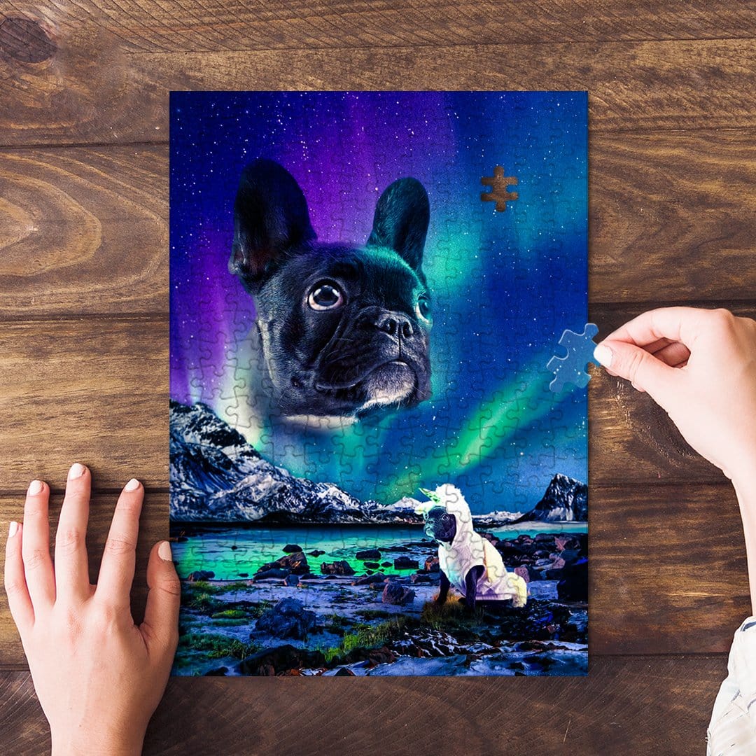 Personalized pet puzzle featuring a black French Bulldog under a vibrant Northern Lights sky.