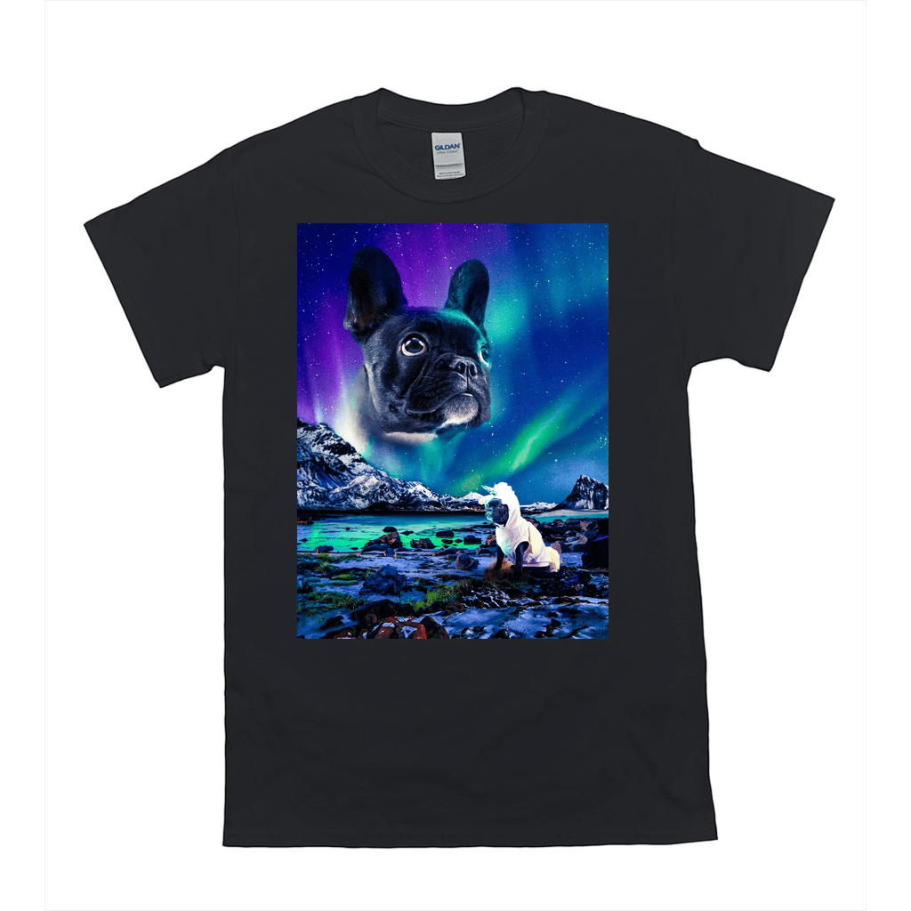 Black Gildan t-shirt with a custom graphic of a French bulldog under the Northern Lights.