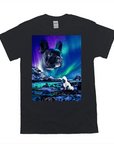Black Gildan t-shirt with a custom graphic of a French bulldog under the Northern Lights.