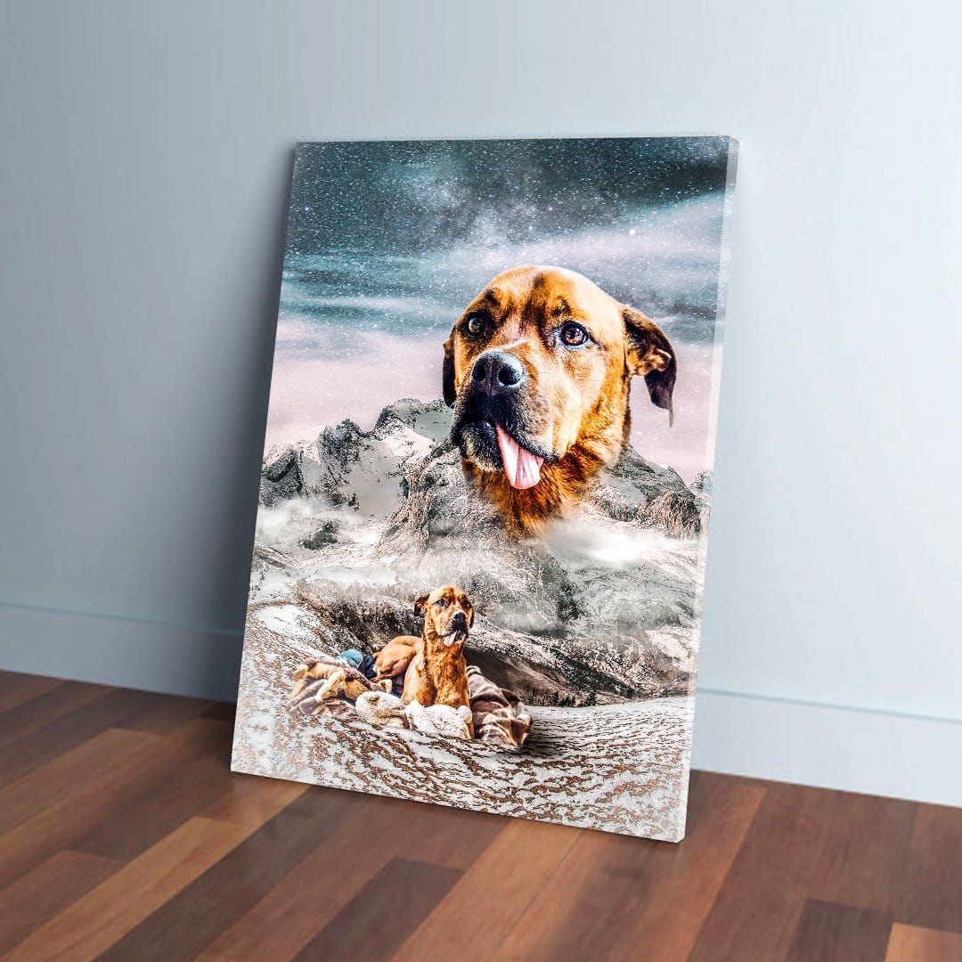 Custom pet canvas with a large dog head levitating over snowy mountains and a smaller dog below.