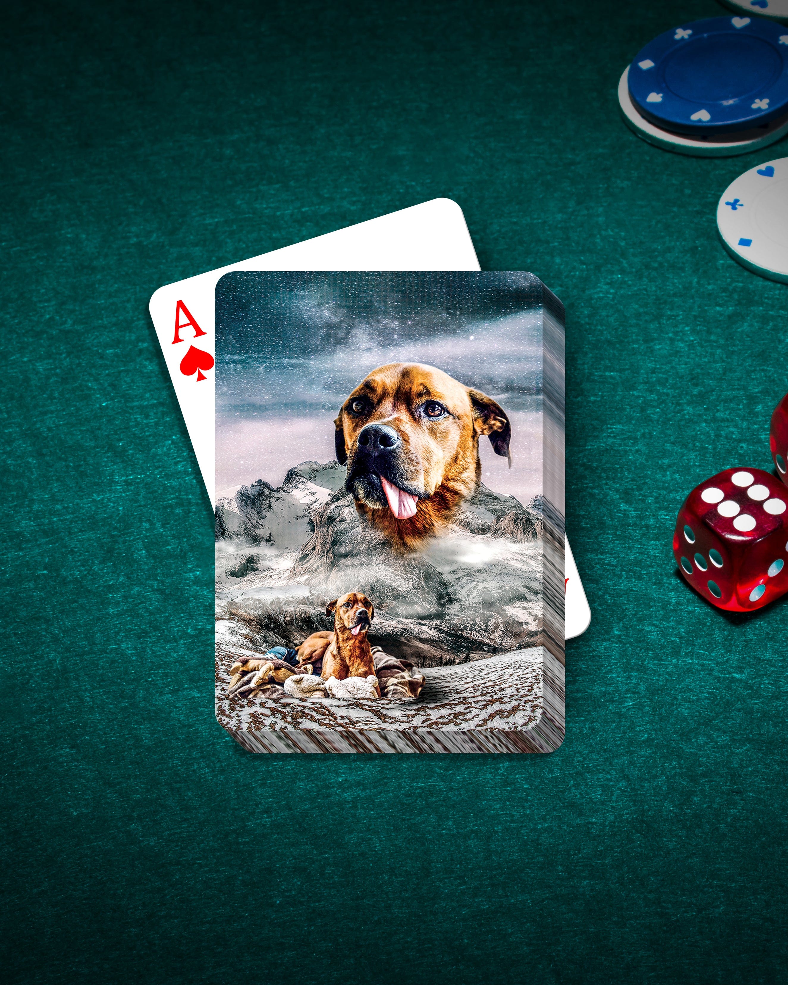 Custom pet portrait playing cards featuring a dog on a snowy mountain design, with poker chips and dice.
