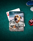 Custom pet portrait playing cards featuring a dog on a snowy mountain design, with poker chips and dice.