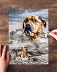 Personalized pet puzzle featuring a brown dog in a snowy mountain landscape, with hands assembling pieces.