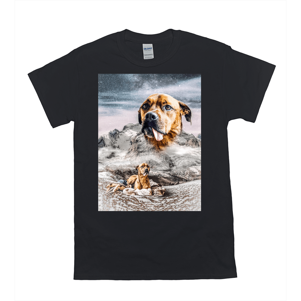 Black Gildan t-shirt with a personalized design featuring a dog's head emerging from snowy mountains.