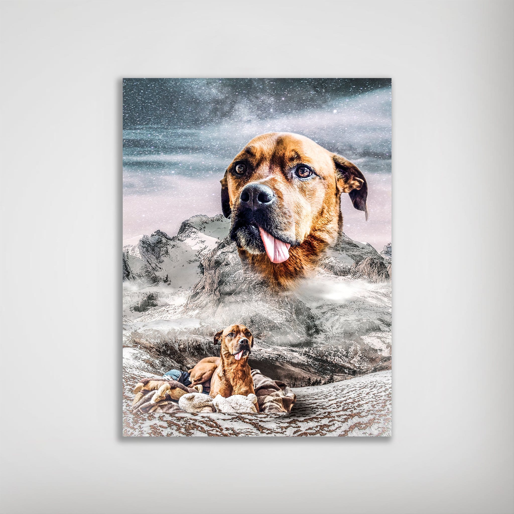 Personalized poster with a brown dog's head levitating over snowcapped mountains, with a smaller dog below.