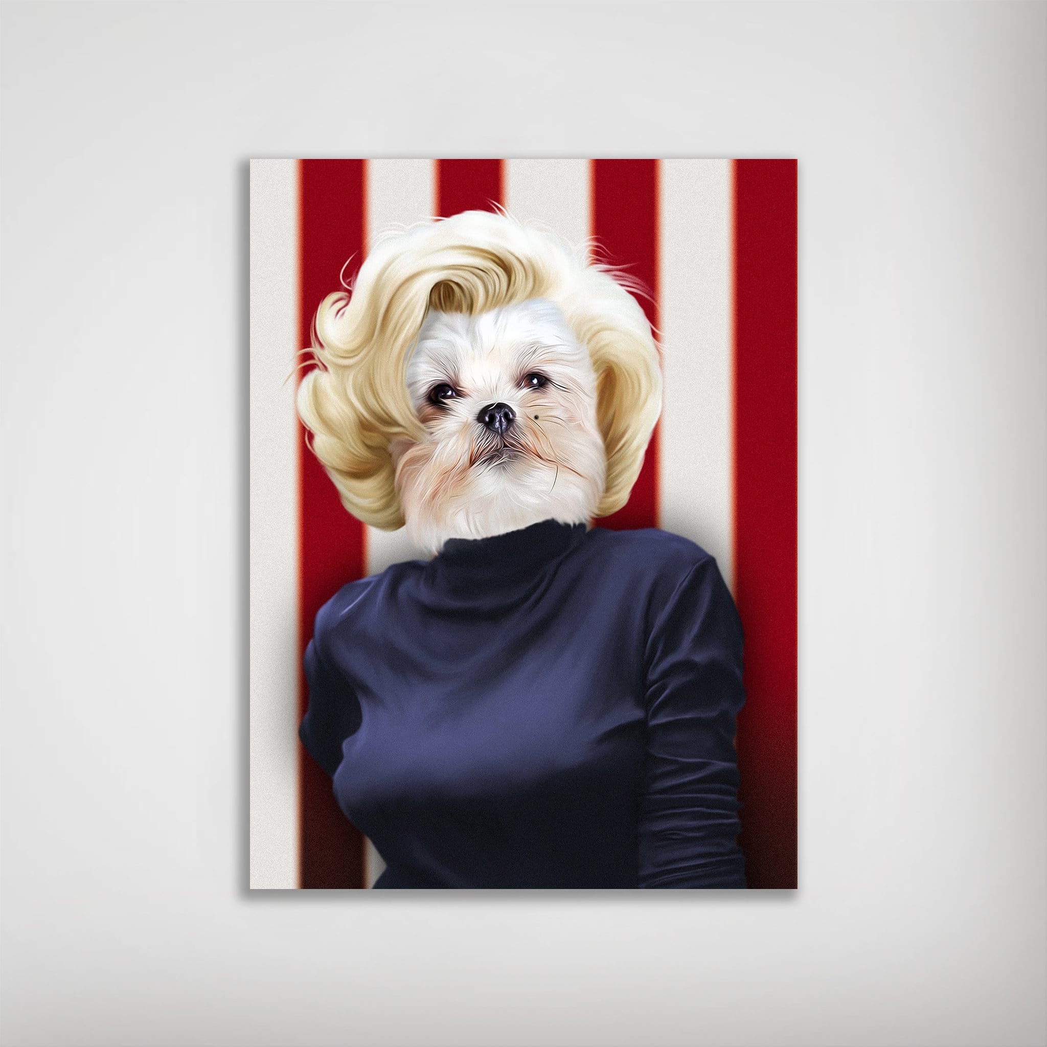 Personalized "Marilyn Monpaw" dog poster featuring a Shih Tzu with blonde hair and a navy top against red and white stripes.