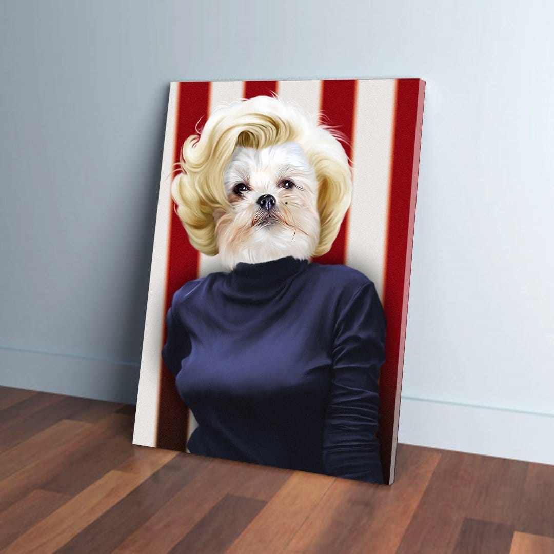 Personalized 'Marilyn Monpaw' pet canvas featuring a dog with blonde hair and a dark top against red and white stripes.