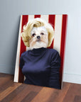 Personalized 'Marilyn Monpaw' pet canvas featuring a dog with blonde hair and a dark top against red and white stripes.
