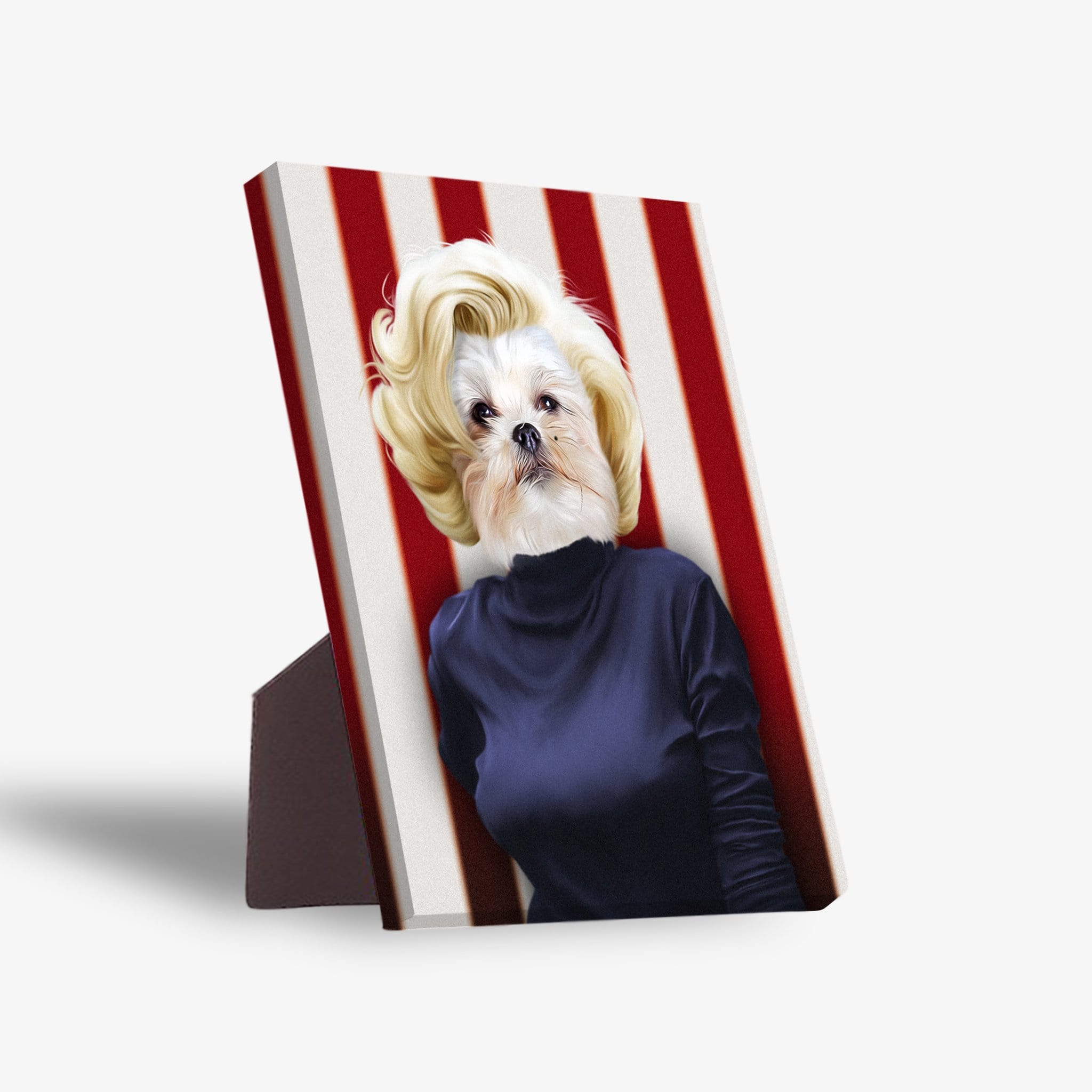 Personalized pet standing canvas featuring a Shih Tzu in a blonde wig and navy turtleneck against red and white stripes.