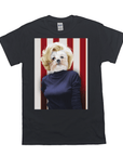 Black Gildan t-shirt featuring a personalized pet portrait of a white dog with blonde hair in a blue top.