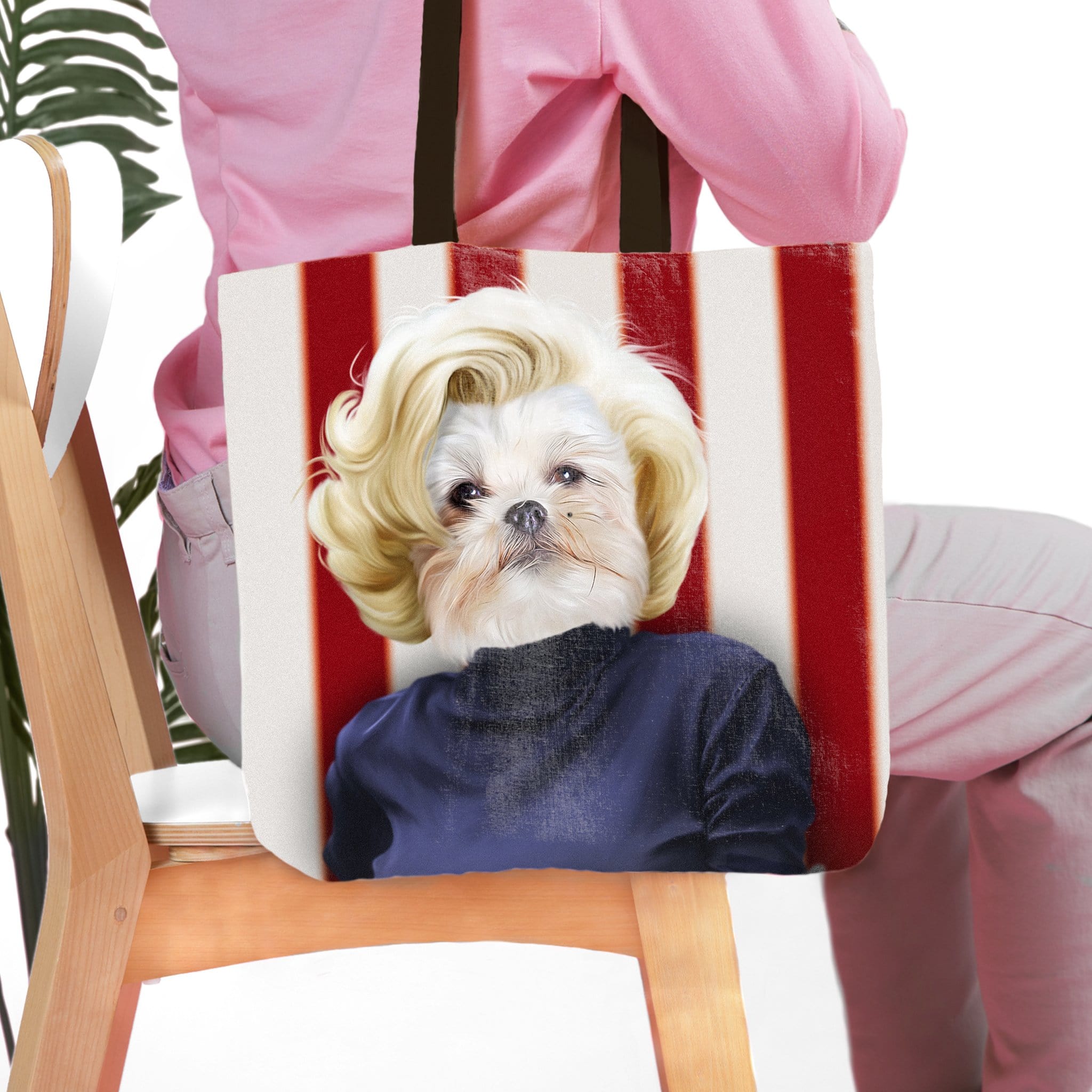 Personalized tote bag with a Shih Tzu pet portrait in a Marilyn Monroe style, red and white striped background.