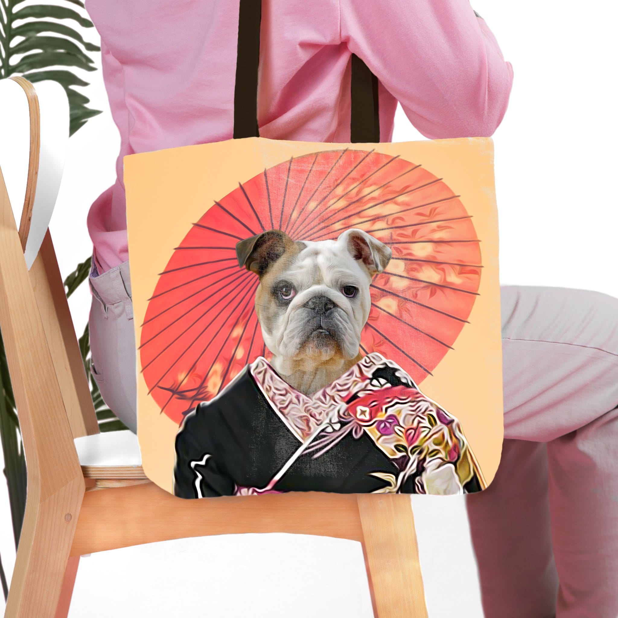 Personalized tote bag featuring a bulldog pet portrait in a Japanese Doggeisha style with a red umbrella.