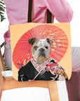 Personalized tote bag featuring a bulldog pet portrait in a Japanese Doggeisha style with a red umbrella.